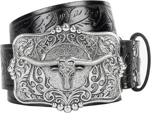 lot 13368 image: UTOWO Rodeo Western-Longhorn-Bull Cowboy-Belt for Women-Men Bull-Floral-Embossed PU-Leather Cowgirl Waist Belt for Jeans