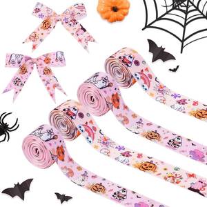 lot 13378 image: JOYMEMO 4 Rolls 20 Yards Groovy Halloween Grosgrain Ribbons - 1 Inch Ghost Pumpkin Bat Printed Ribbons, Halloween Themed Fabric Ribbon for Wrapping Gifts Crafts Diaper Cake Decorations