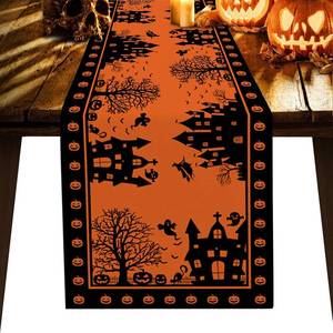 lot 13391 image: Halloween House Table Runner 108 Inches Long Haunted House Orange Black Pumpkins Table Runner Dresser Scarves for Halloween Dinner Parties and Scary Movie Nights Washable Polyester Table Runners
