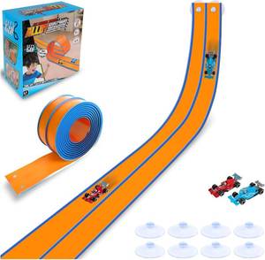 lot 13393 image: Flexible Race Track for Kids - 15Ft Flex Race Car Track Rolls Up Portable DIY Racetrack Compatible with Hot Wheels & Diecast 164th Cars  Christmas Birthday Gifts for Boys Girls Ages 3 (Orange)
