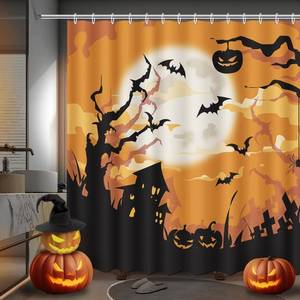 lot 13400 image: MEHOFOND Halloween Shower Curtain Orange Scary Ghost Forest Dead Tree Evil Pumpkin Bathroom Curtains Full Moon Night Bat Halloween Horror Weird Pumpkin Bathtub Decorative Waterproof Fabric 72x72 Inch