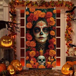 lot 13404 image: Day of The Dead Door Cover Dia De Los Muertos Backdrop Sugar Skull Marigold Design Mexican Fiesta Party Decoration