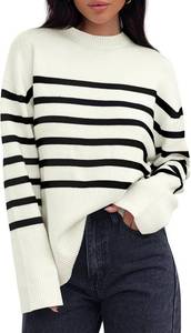 lot 13409 image: ZESICA Womens 2026 Fall Winter Striped Long Sleeve Crew Neck Ribbed Knit Side Slit Oversized Pullover Sweater Jumper Top L