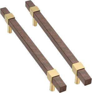 lot 13442 image: COUASBDT Cabinet Pulls, 2-Piece Natural Wood Handle Brass Base Cabinet knob Dresser Handle(Hole Distance 320mm)
