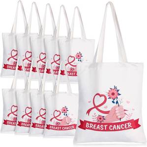 lot 13452 image: Sunnymove 10 Pcs Breast Cancer Awareness Gift Bags with Handle Pink Ribbon Canvas Goodie Bags Breast Cancer Survivor Gifts for Womens Party Supplies Event Publicity