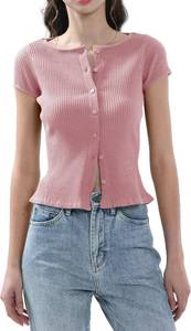 lot 13472 image: Abonlen Ribbed Button Down T Shirts for Women Short Sleeve Going Out Tops Cropped Fitted Knit Blouses M