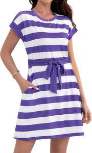 lot 13474 image: Wsheliu Womens Summer Dresses 2025 Striped Cap Sleeve T Shirt Crewneck Casual Dress A Line Tie Waist with Pockets Size Small