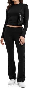 lot 13475 image: MANGOPOP 2 Piece Lounge Sets for Women Fold Over Flare Pants Long Sleeve Top V-Cut Flare Leggings Fall Pajamas Casual Outfits (Grey) M