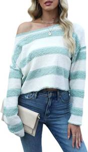 lot 13479 image: Womens Striped Cropped Sweater Crew Neck Oversized Pullover Jumper Tops Drop Shoulder Long Sleeve Casual Trendy Outfit Size 2XL