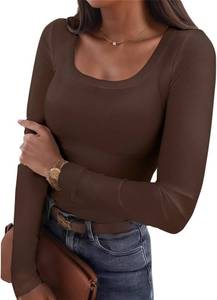 lot 13480 image: Womens Casual Long Sleeve Stretch Scoop Neck Basic Ribbed T-Shirt Slim Fit Casual Basic Tops Size Large Brown
