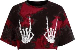 lot 13483 image: WDIRARA Womens Tie Dye Skeleton Hand Print Crop Tee Short Sleeve Crew Neck Shirt Red Small