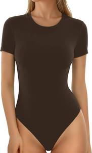 lot 13487 image: MANGOPOP Womens Crew Neck Short Sleeve Bodysuit Long Sleeve Body Suit T Shirts Basic Slim Fitted Tops XL