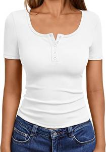 lot 13490 image: Trendy Queen Womens Short Sleeve Summer Tops Ribbed Henley T Shirts Basic Tee Cute Casual Spring Fashion Clothes 2025 White M