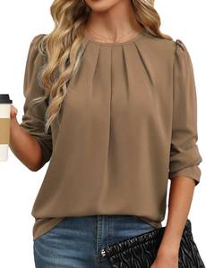 lot 13492 image: Womens Tops Long Sleeve Plus Size Dressy Casual Pleated Shirts Crew Neck Tunic Top Trendy Office Work Blouse M