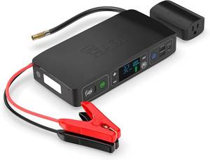 lot 512 image: $147 HALO Bolt Air AC 55500 Portable Car Battery Jump Starter  100 PSI Air Compressor, 55.5Wh USB Power Bank with AC Outlet, Emergency Floodlight & Charger, Jump Cars SUVs & Trucks, Inflate Tires   Black