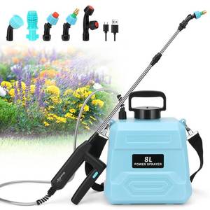 lot 1083 image: BlumWay Battery Powered Sprayer 2 Gallon, 7.4V Powerful Electric Sprayer with 5 Mist Nozzles,Rechargeable Handle, Retractable Wand, Adjustable Shoulder Strap for Lawn,Garden