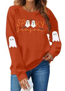 lot 95 image: Spooky Season Sweatshirt Women Embroidered Halloween Sweatshirt Ghost Crewneck Fall Sweater Pullover Top Dark Orange Size 2XL