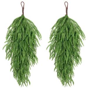 lot 1116 image: 2 Pack 32 Extra Long Artificial Christmas Teardrop Swag - Faux Pine Needles Teardrop Door Swag, Xmas Norfolk Greenery Teardrop Wreath for Door Table Mantle Fireplace Indoor Outdoor Decor, Light Green