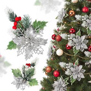 lot 1128 image: 12 Pcs Poinsettia Flowers Christmas Artificial Glitter Flower with Clips Poinsettia Christmas Decorations Artificial Flowers for Garland Wreath Tree Home Party(Silver,Fresh)