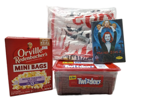 lot 1157 image: Horror Movie Night Bundle Horror Movie Blanket, Murder Zone lll Movie, 5lb Twizzler Bin, and 12ct Movie Theater Popcorn