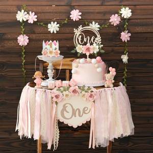 lot 1178 image: HODIHIWI Wildflower 1st High Chair Banner Birthday Decorations For Girl Pink Flower Cake Topper Hat Floral Theme Party Decoration
