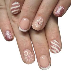 lot 1195 image: Christmas Press on Nails Short Square White French Tip With Snowflake Glitter Lines Design - Glue on Full Cover False Nails Glossy for Girls 24Pcs