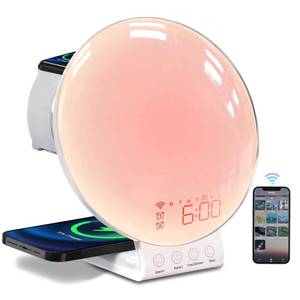 lot 2923 image: MOMILLA Sunrise Alarm Clock, 3 in 1 Wireless Charging Station, Smart App Control White Noise Sound Machine, Wake up Light, Sunset Night Light Alarm Clocks for Heavy Sleepers Kids - Retail $64