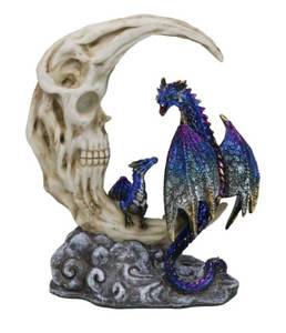 lot 2925 image: Blue Dragon With Baby Wyrmling Perching On Bone Skull Crescent Moon Figurinefiller