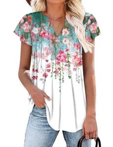 lot 2938 image: StunShow Womens Short Sleeve Shirts V Neck Floral Print Pleated 2025 Casual Blouses Summer Tops (White Pink L)