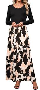 lot 120 image: Bluetime Womens Long Sleeve Maxi Dresses Empire Waist Long Maxi Dresses with Pockets Black White Print -Size M