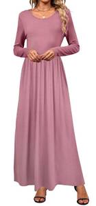 lot 2994 image: Womens Round Neck Maxi Dress, Loose Long Sleeve, with Pockets -Solid Mauve- Size XL