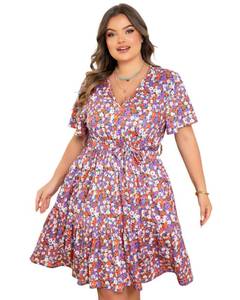 lot 2995 image: Plus Size Dress for Curvy Women, Floral Sleeves Tiered with Empire Waist and Pockets-  Purple -Size XL