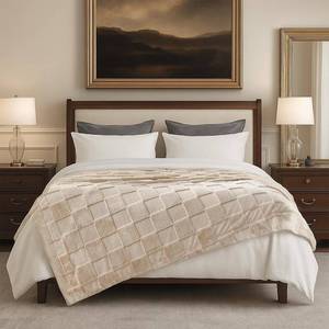 lot 3000 image: Checkered Faux Rabbit Fur Twin Blanket for Bed, Soft Fuzzy Blankets  (60- 80 Inches Beige)