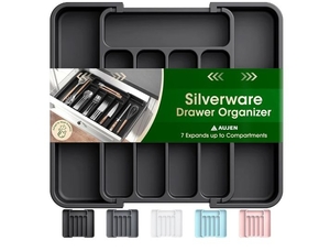 lot 3067 image: Silverware Organizer - Expandable Kitchen Drawer Organizer, Adjustable Utensil Organizer, Cutlery Tray for Forks, Knives, Multipurpose Kitchen Organizers and Storage Solution, Black, Medium