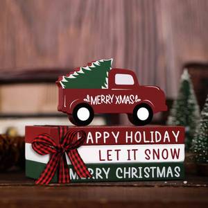 lot 3077 image: 4 Pcs Red Truck Christmas Decoration Wooden Truck Tree Book Table Rustic Winter Table Centerpiece Wooden Block Sign
