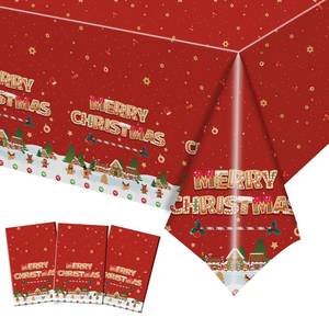 lot 3115 image: 3 Pcs Christmas Tablecloth Plastic Disposable Christmas Table Cloths, Red Gingerbread Disposable Rectangle Xmas Table Cover 108 x 54