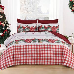 lot 3116 image: Christmas Comforter Set King Size Red Cardinal Bird Poinsettia 7 Pieces Bed in a Bag (104x90)