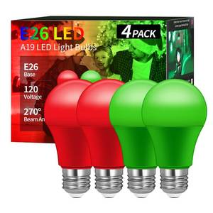 lot 3119 image: Red and Green Light Bulbs A19 LED, E26 Base, 9W (60W Equivalent), Christmas Porch & Party Decor, 4 Pack