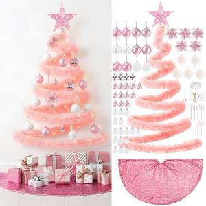 lot 3120 image: 91 Pcs DIY Wall Christmas Tree Kits, 66 Ft Xmas Garland Star Topper Tree Skirt Ball Ornaments String Lights Candy Cane Poinsettia Flowers for 2025 Decor Your Own Style Wall Door(Pink)