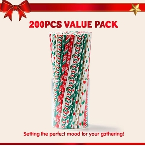lot 3126 image: 2 packages of 200 each SUPER VALUE PACK. Our Christmas Paper Straw Set includes 8 different Christmas patterns of 25 paper straws each with 2 foil designs