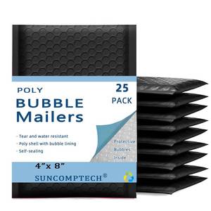 lot 198 image: Suncomptech 4x8 inches Poly Bubble Mailers, Self Seal and Water Resistant Padded Shipping Bags,Waterproof Mailing Envelopes (Usable 4x7 inches, Black, 25 Pieces)