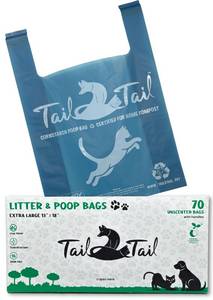 lot 225 image: Tail 2 Tail Biodegradable Cat Litter Bags for Poop and Pee (70 Extra Large 13 X 18 with Gussets expanded). Leak proof, Durable, Unscented, Compostable, Strong, with Handles.