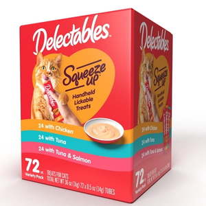 lot 3194 image: Hartz Delectables Squeeze Up Interactive Lickable Wet Cat Treat Variety Pack  0.5oz Tube (72 Count) Best by 111426