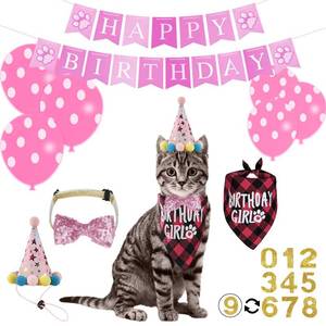 lot 3198 image: Hidaily 16 Pcs Cat Birthday Party Supplies, Cat Birthday Bandana with Number Hat, Banner, Bow Tie, Balloons (Pink)