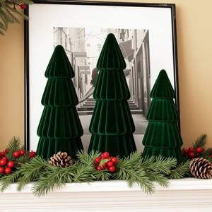 lot 3231 image: Joyhalo Tabletop Christmas Trees, Set of 3 Velvet Christmas Trees Indoor Xmas Decoration Centerpieces for Table, Mantel, Holiday, Party and Home Decor, Green