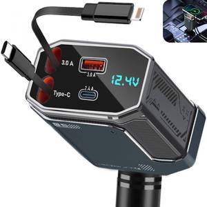 lot 3250 image: Retractable Car Charger Adapter,4 in 1 Fast Charging Car Adapter,85W USB C Truck Accessories,Voltage Display, Gifts for Women Men,Compatible with iPhone 16 15 14 13 12 Pro Max Plus,Galaxy,Pixel