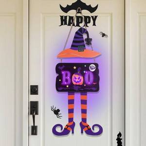 lot 3252 image: Louxiar Halloween Door Sign, Light up Door Hanger with Timer Function, Wooden Halloween Wreath Decorations with Witch Hat and Legs for Front Door Wall Porch Outdoor Indoor, Battery Powered, 2.25 FT