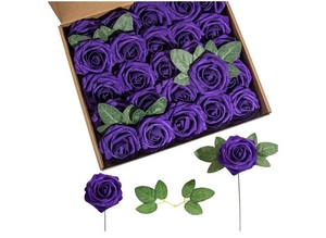 lot 300 image: Artificial Flower Foam Rose 25pcs Real Looking Fake Rose with Stems Leaves for Home Decoration Party Garden Centerpieces DIY Wedding Bouquets Purple