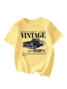 lot 385 image: RoseSeek Womens Graphic Letter Tee Crew Neck Drop Shoulder Trendy Summer T Shirt Short Sleeve Vintage Car Print Top Car Yellow X-Large