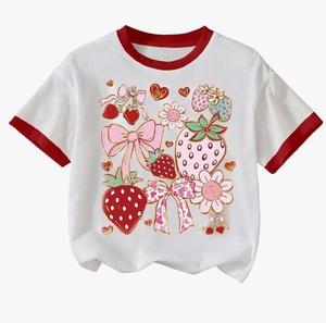 lot 387 image: Graphic t-shirt for women, floral, strawberry print, short sleeve, round neck, two tone, casual- Size Small
